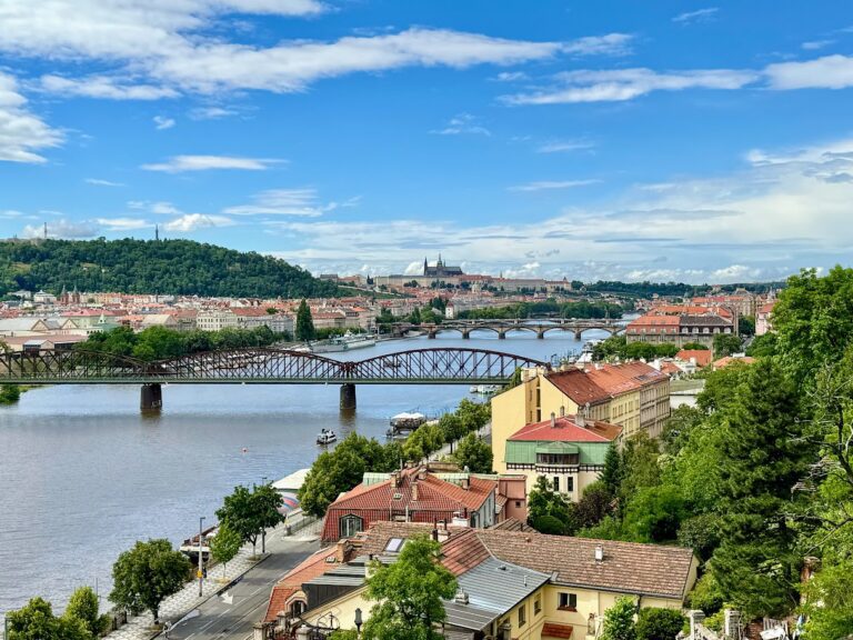scenic view of Prague Czech republic with river and several bridges